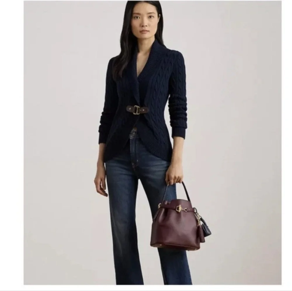 Ralph Lauren Buckle Sweater Womens Size L Cable Knit Preppy Equestrian READ FLAW - Picture 12 of 16